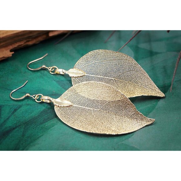 Gold Silver Rose Gold Leaf Jewelry for Women. Natural Leaf Earrings and Pendant - Picture 4 of 9
